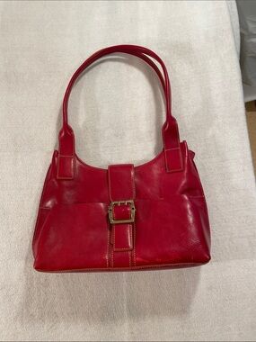 Jones New York Red Leather Shoulder Bag with Buckle Detail